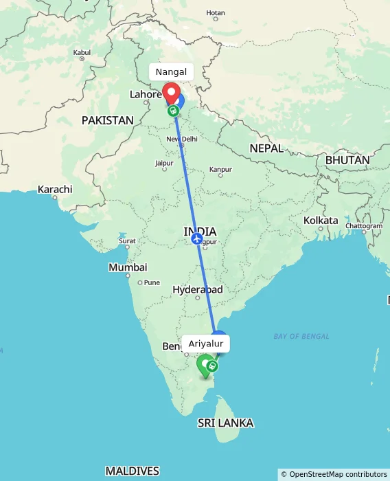 Route map showing distance and travel time from Ariyalur, India to Nangal, India
