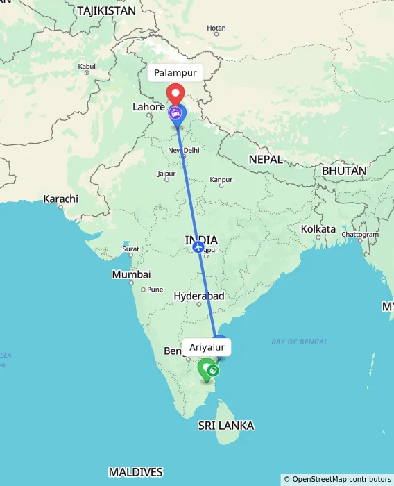 Route map showing distance and travel time from Ariyalur, India to Palampur, India