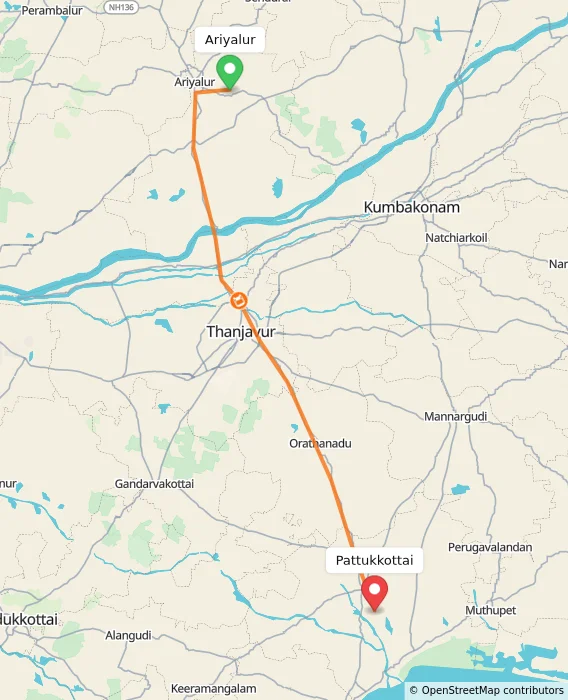 Route map showing distance and travel time from Ariyalur, India to Pattukkottai, India