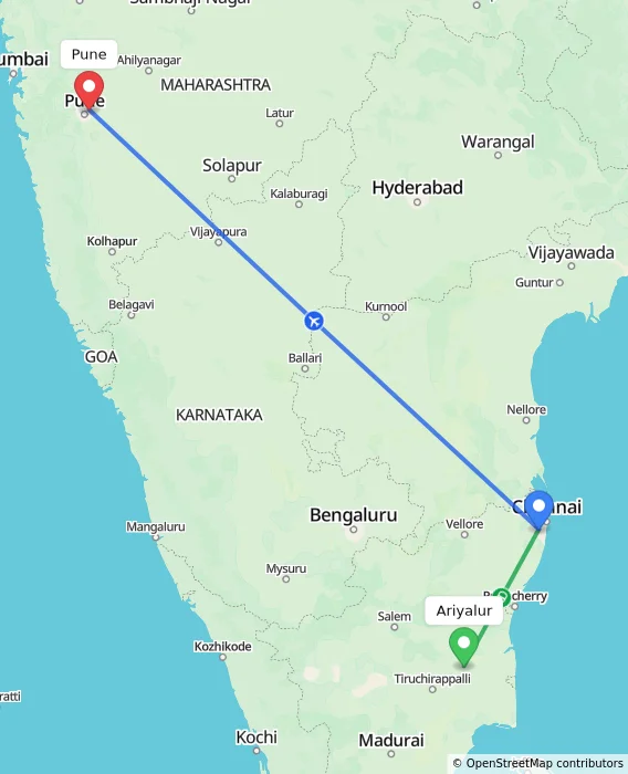 Route map showing distance and travel time from Ariyalur, India to Pune, India