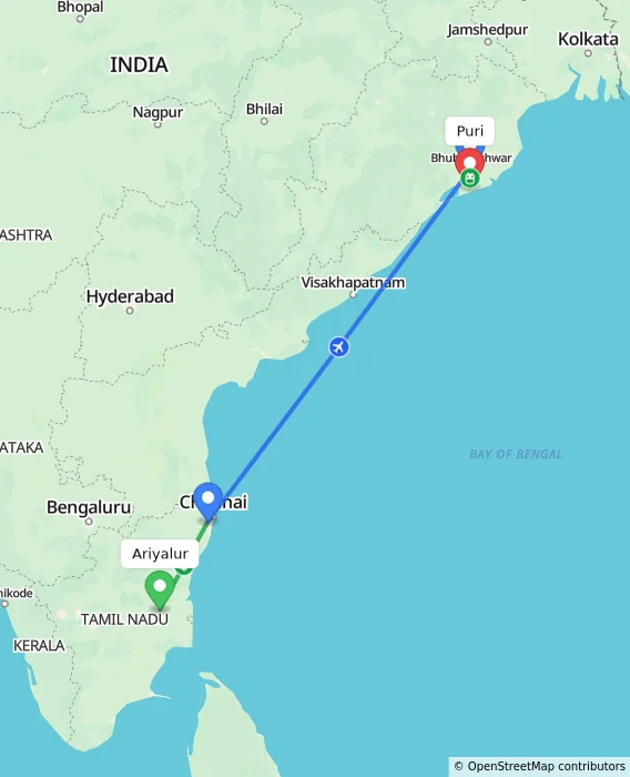 Route map showing distance and travel time from Ariyalur, India to Puri, India