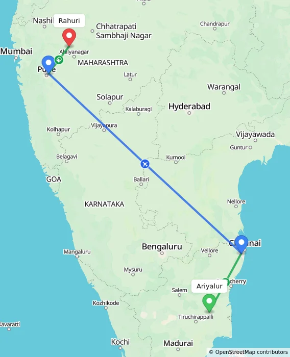 Route map showing distance and travel time from Ariyalur, India to Rahuri, India