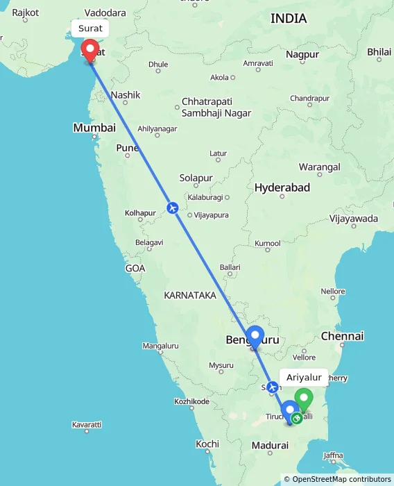 Route map showing distance and travel time from Ariyalur, India to Surat, India