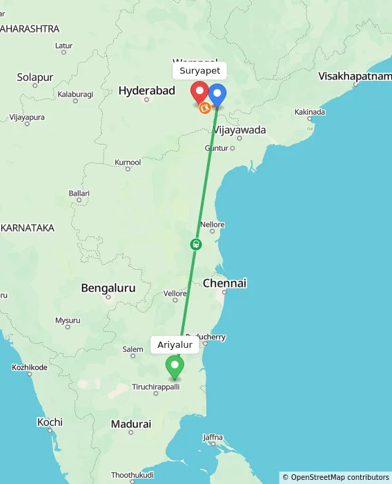 Route map showing distance and travel time from Ariyalur, India to Suryapet, India