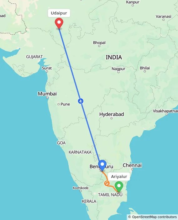 Route map showing distance and travel time from Ariyalur, India to Udaipur, India