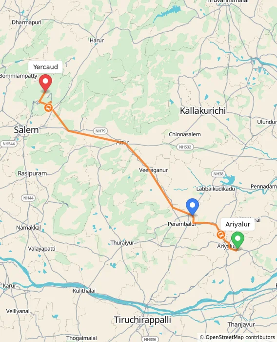 Route map showing distance and travel time from Ariyalur, India to Yercaud, India