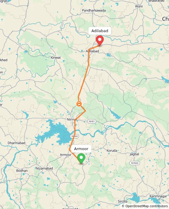 Route map showing distance and travel time from Armoor, India to Adilabad, India