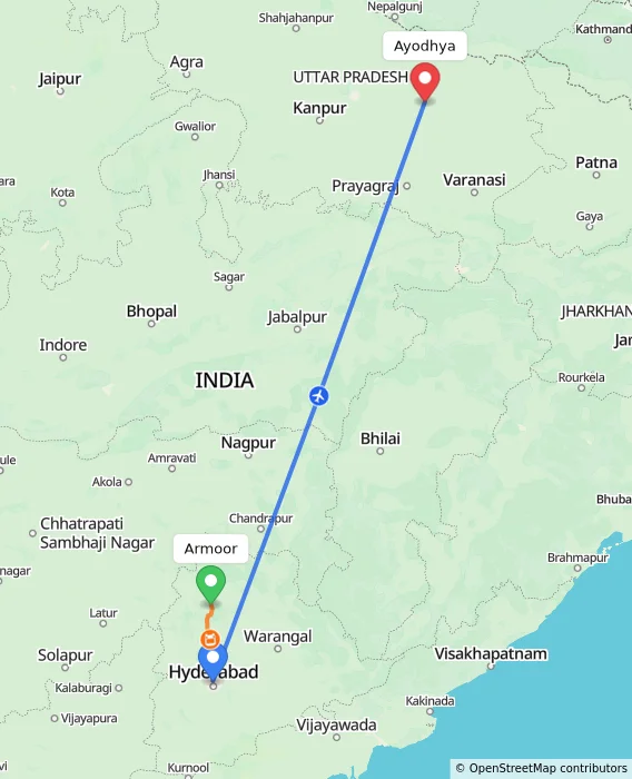 Route map showing distance and travel time from Armoor, India to Ayodhya, India