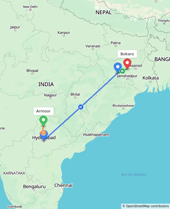Route map showing distance and travel time from Armoor, India to Bokaro, India