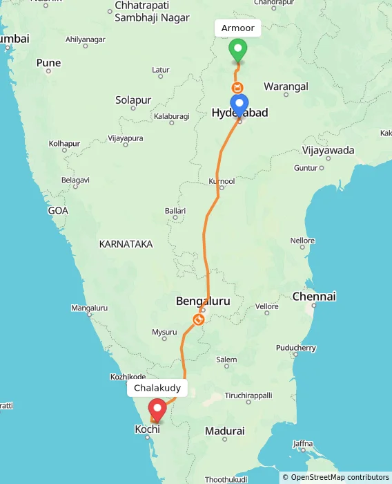 Route map showing distance and travel time from Armoor, India to Chalakudy, India