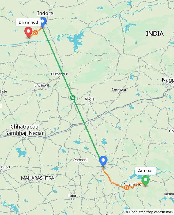 Route map showing distance and travel time from Armoor, India to Dhamnod, India