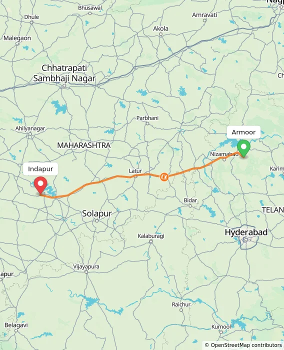 Route map showing distance and travel time from Armoor, India to Indapur, India