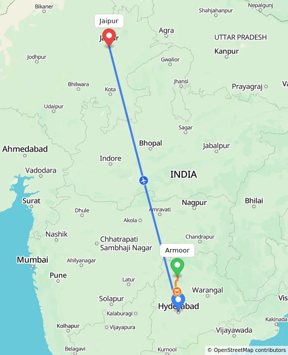 Route map showing distance and travel time from Armoor, India to Jaipur, India