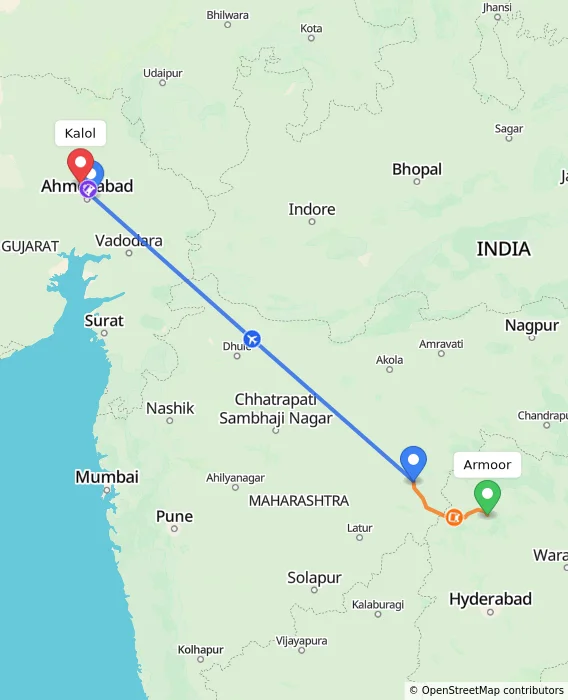Route map showing distance and travel time from Armoor, India to Kalol, India