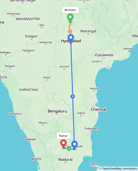 Route map showing distance and travel time from Armoor, India to Karur, India