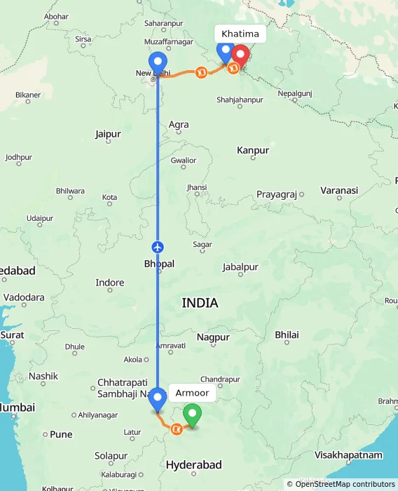 Route map showing distance and travel time from Armoor, India to Khatima, India