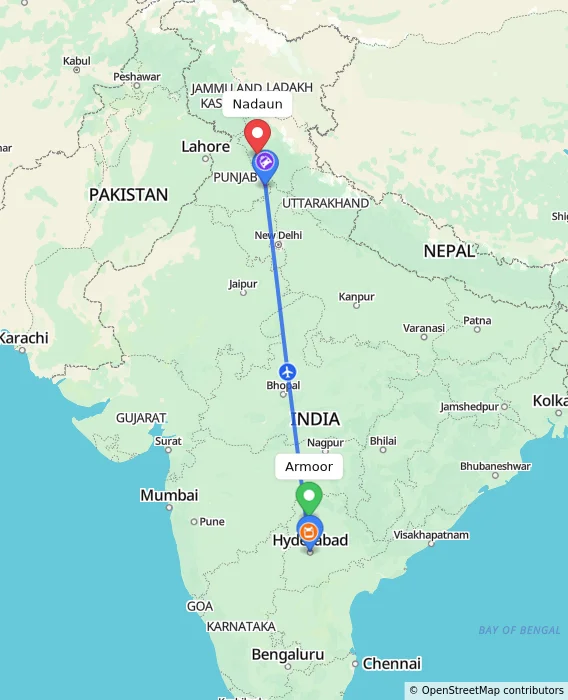 Route map showing distance and travel time from Armoor, India to Nadaun, India