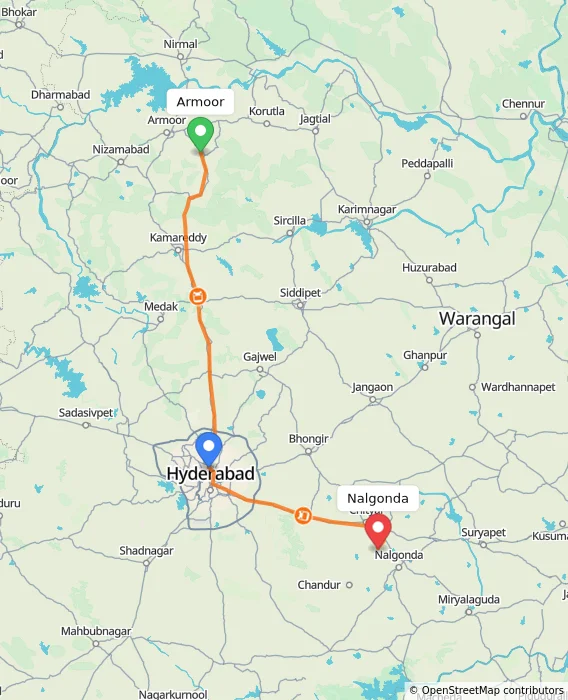 Route map showing distance and travel time from Armoor, India to Nalgonda, India