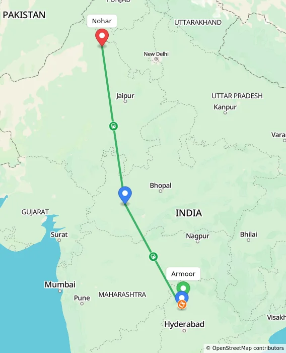 Route map showing distance and travel time from Armoor, India to Nohar, India