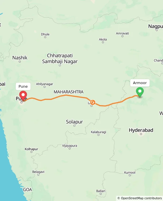 Route map showing distance and travel time from Armoor, India to Pune, India
