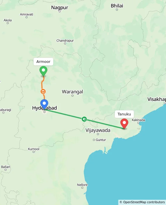 Route map showing distance and travel time from Armoor, India to Tanuku, India