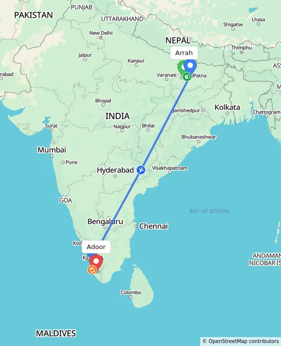 Route map showing distance and travel time from Arrah, India to Adoor, India