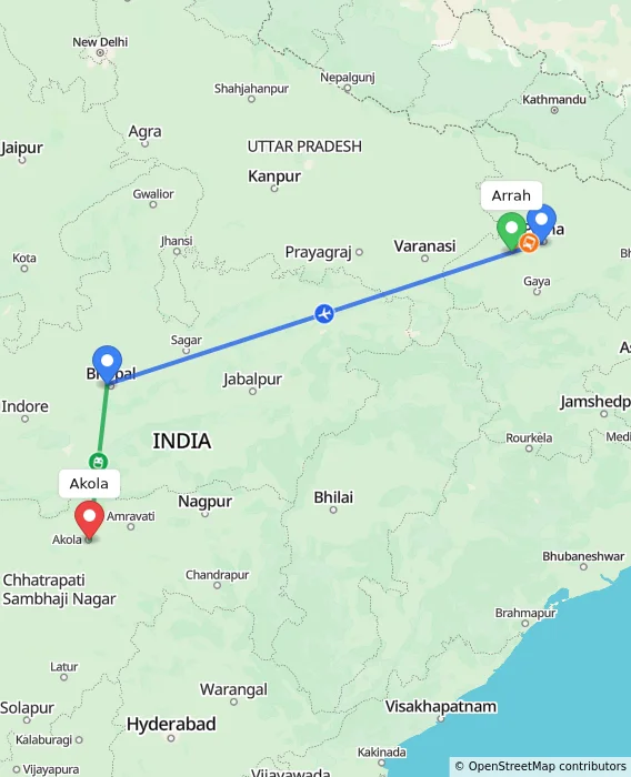 Route map showing distance and travel time from Arrah, India to Akola, India
