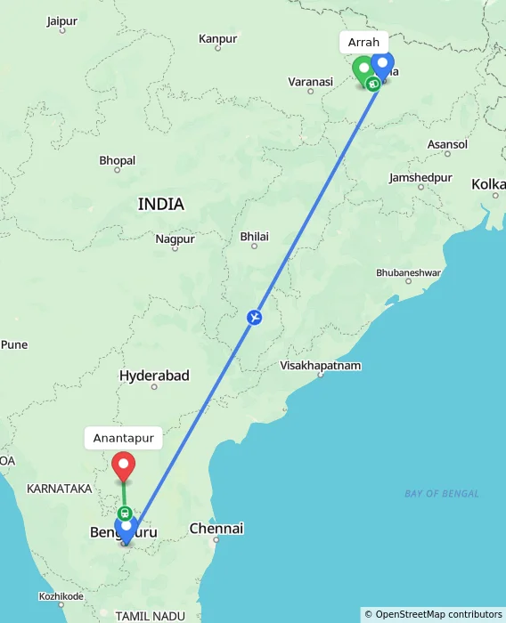 Route map showing distance and travel time from Arrah, India to Anantapur, India