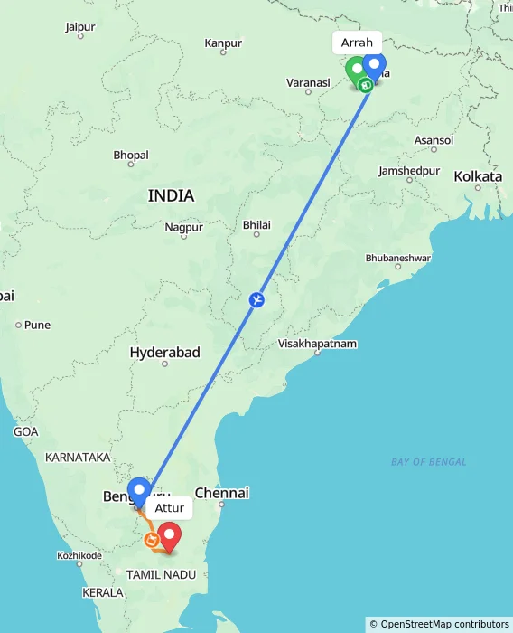 Route map showing distance and travel time from Arrah, India to Attur, India