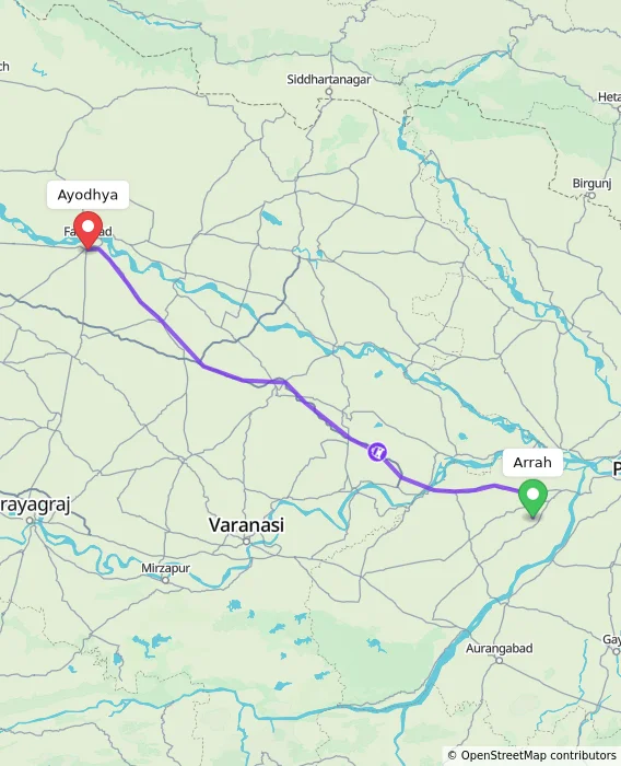 Route map showing distance and travel time from Arrah, India to Ayodhya, India