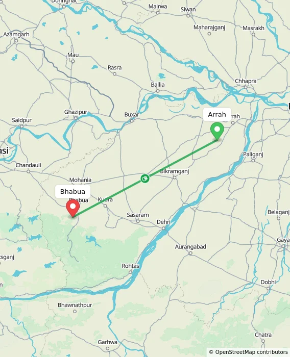 Route map showing distance and travel time from Arrah, India to Bhabua, India