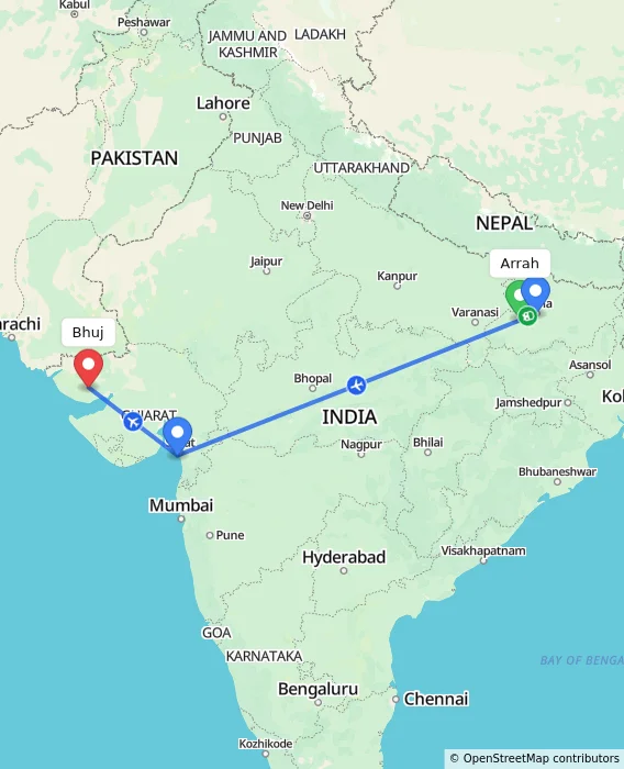 Route map showing distance and travel time from Arrah, India to Bhuj, India