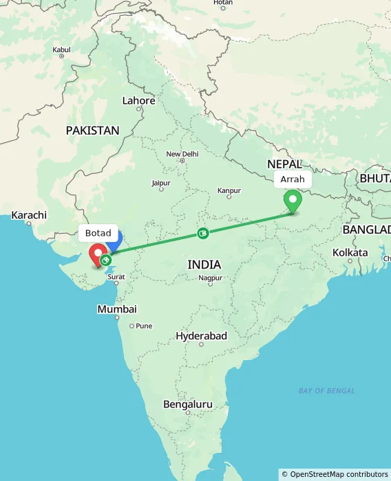 Route map showing distance and travel time from Arrah, India to Botad, India