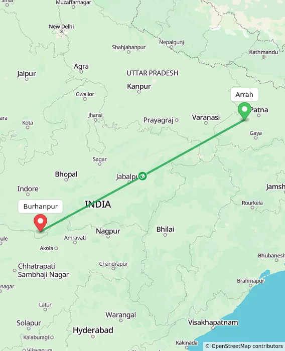 Route map showing distance and travel time from Arrah, India to Burhanpur, India