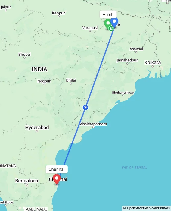 Route map showing distance and travel time from Arrah, India to Chennai, India