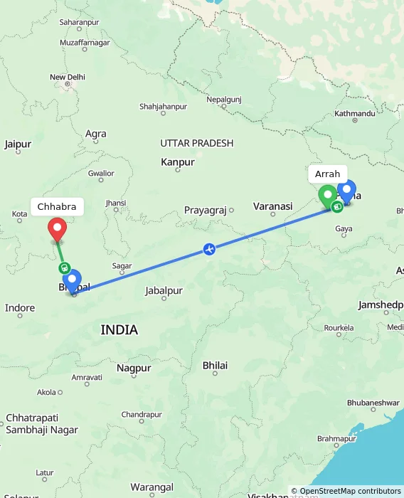 Route map showing distance and travel time from Arrah, India to Chhabra, India