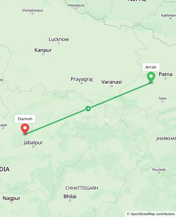 Route map showing distance and travel time from Arrah, India to Damoh, India