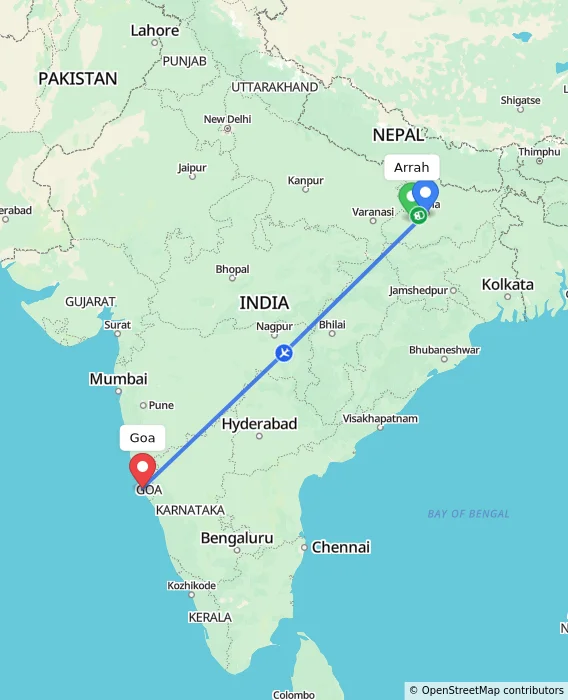 Route map showing distance and travel time from Arrah, India to Goa, India