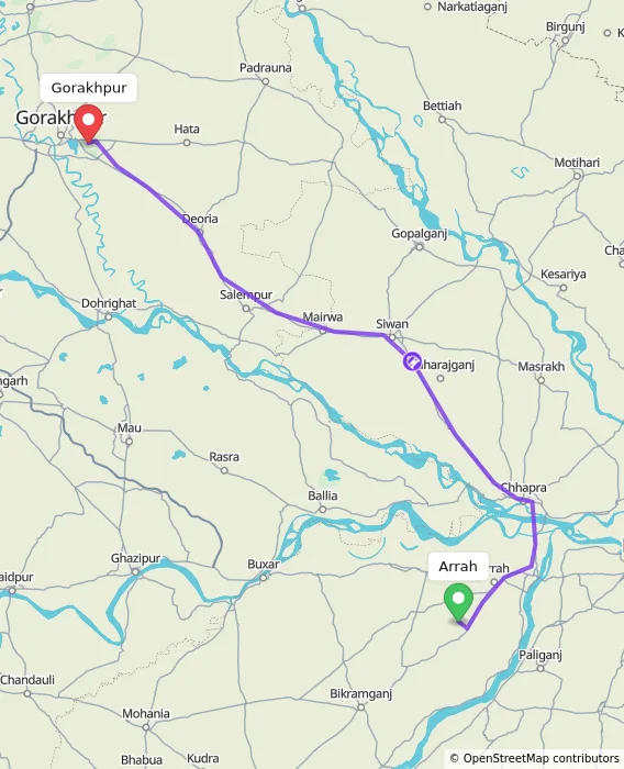 Route map showing distance and travel time from Arrah, India to Gorakhpur, India