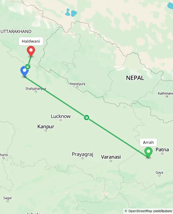 Route map showing distance and travel time from Arrah, India to Haldwani, India