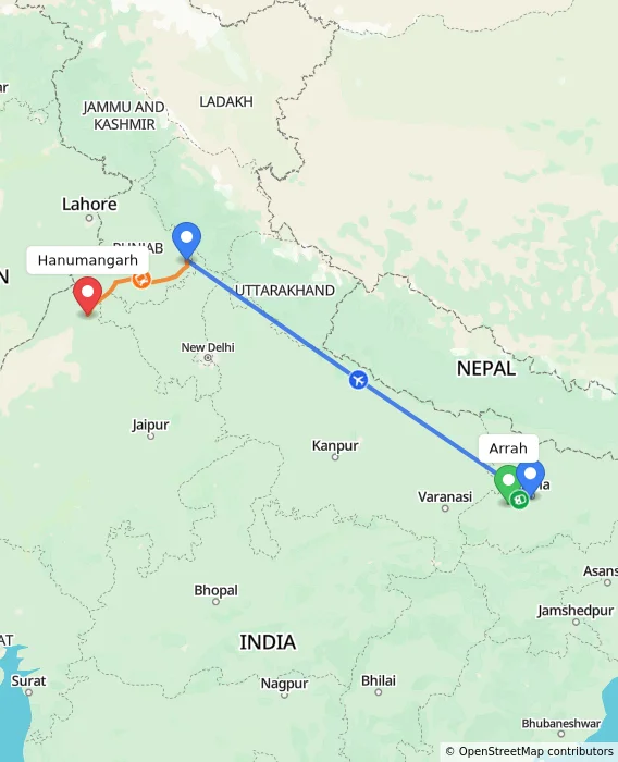 Route map showing distance and travel time from Arrah, India to Hanumangarh, India