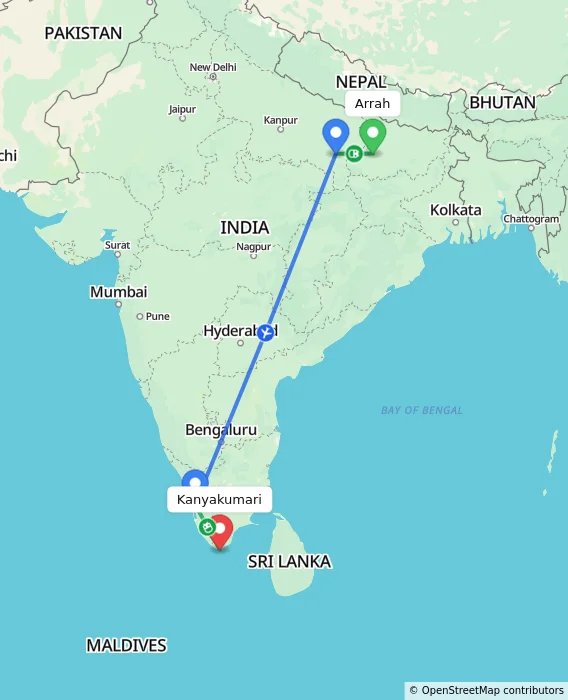 Route map showing distance and travel time from Arrah, India to Kanyakumari, India