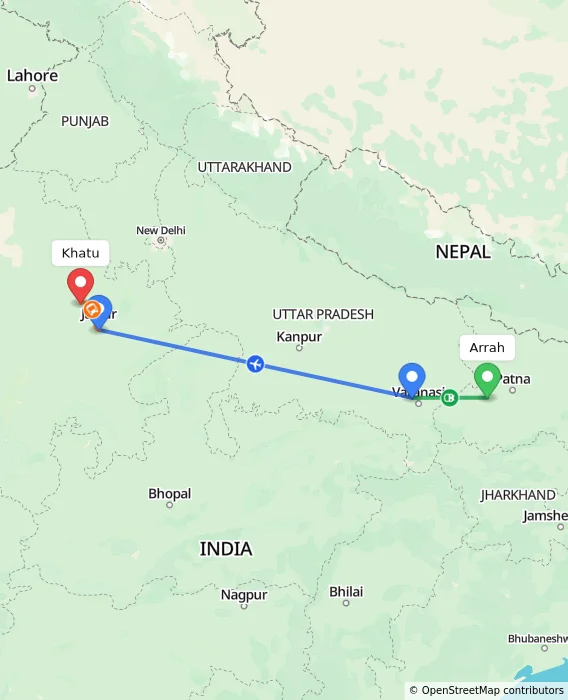 Route map showing distance and travel time from Arrah, India to Khatu, India