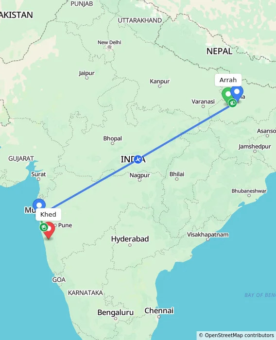 Route map showing distance and travel time from Arrah, India to Khed, India