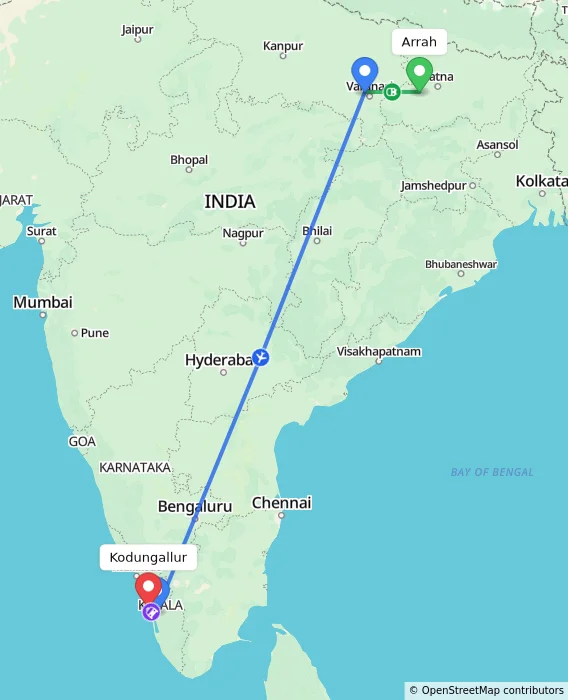 Route map showing distance and travel time from Arrah, India to Kodungallur, India