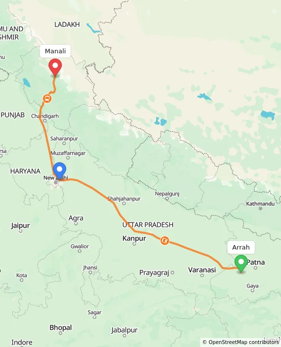 Route map showing distance and travel time from Arrah, India to Manali, India
