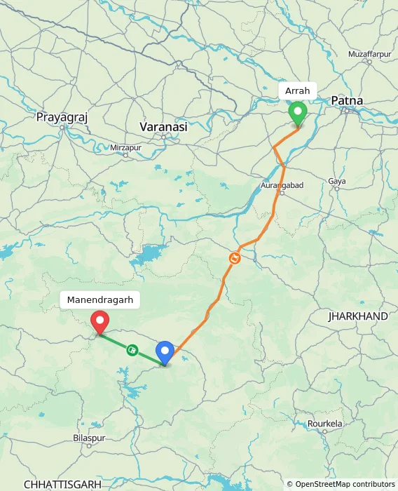 Route map showing distance and travel time from Arrah, India to Manendragarh, India