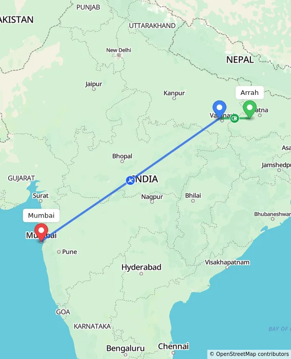 Route map showing distance and travel time from Arrah, India to Mumbai, India