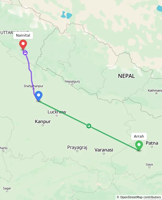 Route map showing distance and travel time from Arrah, India to Nainital, India