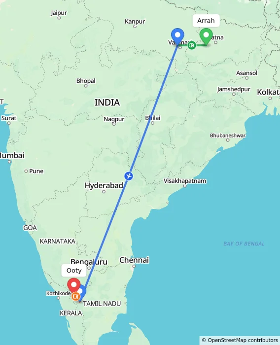 Route map showing distance and travel time from Arrah, India to Ooty, India